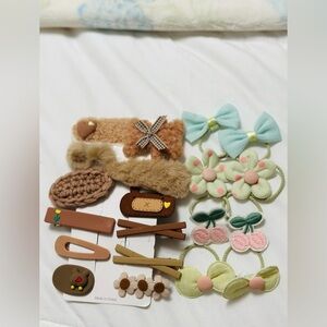 Kids Hair Accessories Set - Pastel and Neutral Tones Bear and garden theme